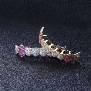 Fang Grillz 8 dents entièrement glacé, fond AAA + CZ, couleur or argent, pour hommes et femmes, avec moule en silicone