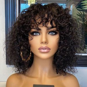 Fummi Human Hair Wig met pony Glueless Water Wave Made hoofdhuid diep kort krullende bob voor zwarte Braziliaanse maagdelijke vrouwelijke pixie Cut