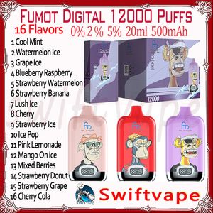 Fumot Digital 12000 Puff Dernichable E Cigarette 500mAh Batterie rechargeable 16 saveurs 20 ml 0% 2% 5% 12K Puffes Vapes Pen Starter Kit Authentic Wholesale