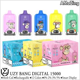 UZY Bang Digital 15000 Puffs Boîte de cigarettes électroniques jetables Puff 15K Mesh Coil Vaper rechargeable 0% 2% 3% 5% 16 couleurs vs 12K 12000 13000