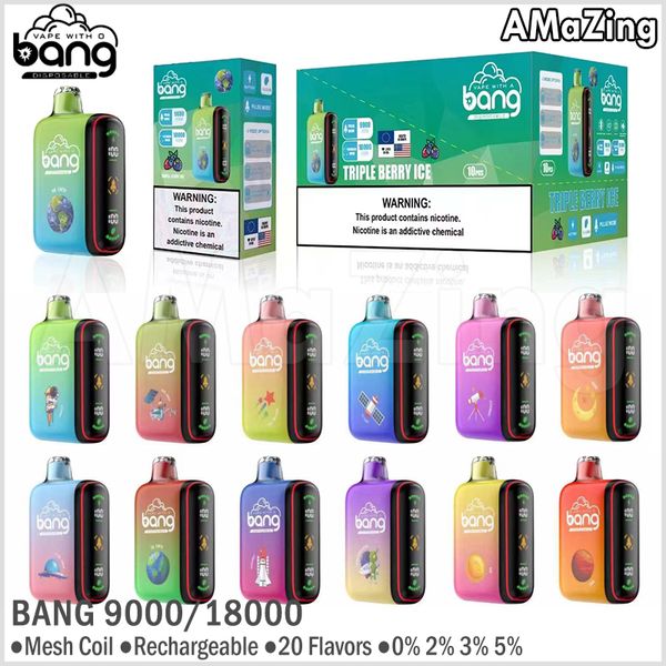 MODES DUAL BANG ORIGINAL 9000 18000 Puffs Kit de barre de vape jetable Bobine de maillage rechargeable E Cigarettes 0% 2% 3% 5% VACPER 12 FLAVORS PUFF 9K 18K AVEC ÉCRAN D'ANNATION