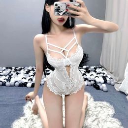 Leuke lingerie, sexy wit kant, transparante jumpsuit van dames, open bestand, geen opstijgen, plagen, gepassioneerde lingerie