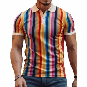 Diversión Polo de los hombres 3D Rainbow Stripe Print Retro Summer Polo Collar Butt Top Polo Shirt Plus Tamaño Ropa casual de los hombres g1Bw #