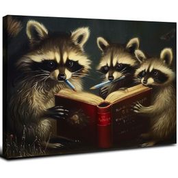 Fun Raccoon Trio Leesboek Canvas Wall Art