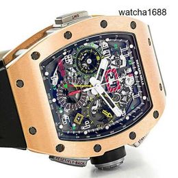 Reloj funcional Relojes de pulsera de cristal RM Reloj de pulsera RM11-02 Maquinaria deportiva de oro rosa Ahueca hacia fuera Moda Casual Tiempo Lujo