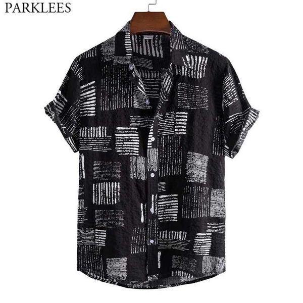 Funky Noir Hawaïen Aloha Chemise Pour Hommes 2021 D'été À Manches Courtes Décontracté Boutonné Chemises De Plage Pour Hommes Fête Vêtements De Vacances Men2895