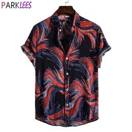 Funky Black Hawaiian Beach Shirt Hommes Été Manches courtes Causal Bouton Down Chemise Holiday Party Vêtements de vacances M-3XL 210522