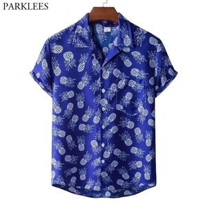 Funky Hawaiian Beach Blue Chemise Hommes Manches courtes Frontpocket Ananas Imprimer Party Chemises Mens Tropical Aloha Chemise Homme 3XL 210522