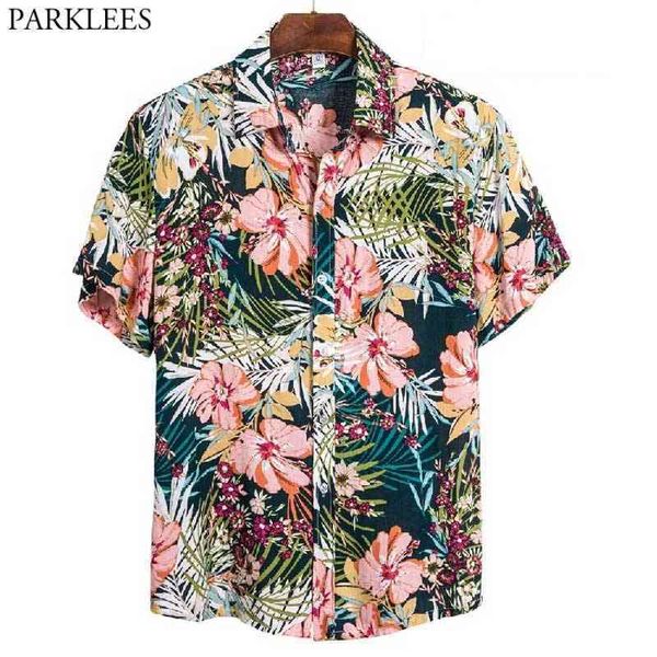 Funky Hawaiian Beach Shirt Hommes Manches courtes Imprimé floral Tropical Aloha Chemise Casual Button Down Party Vêtements de vacances Chemise 210522