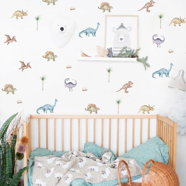 Funlife – autocollants muraux dinosaures, aquarelle et ligne de papier, autocollants muraux auto-adhésifs imperméables pour chambre d'enfants garçons, décoration de la maison, 240105