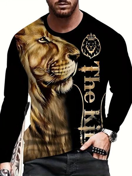 Drôle 3D Lion Impression T-shirt à manches longues Mode Motif animal T-shirt pour hommes Casual Oneck Coton Pull Automne Street Tops 240118