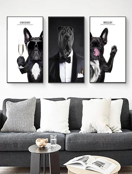 Pintura en lienzo de animales divertidos, ropa para perros, gafas de sol, póster impreso en blanco y negro, imágenes artísticas de pared nórdicas para sala de estar 9664584