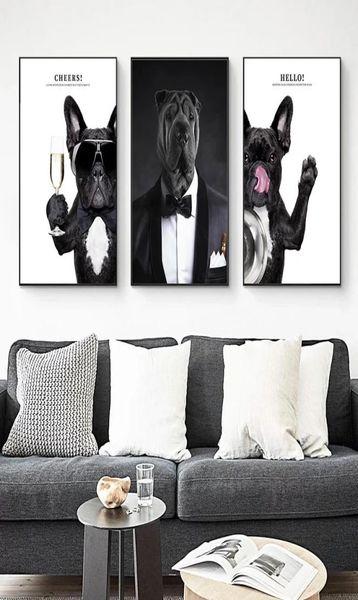 Pintura en lienzo de animales divertidos, ropa para perros, gafas de sol, póster impreso en blanco y negro, imágenes artísticas de pared nórdicas para sala de estar 4174132