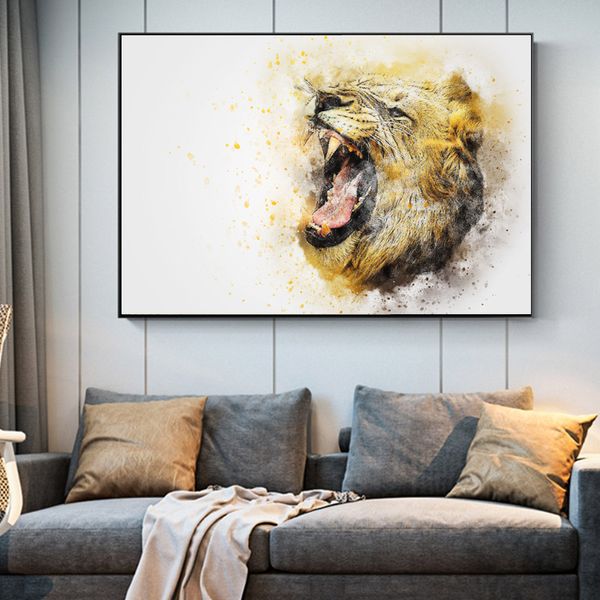 Affiche murale avec animaux drôles, peinture sur toile, image de Lion brun rugissant, impression HD, pour salon, chambre à coucher, décoration sans cadre