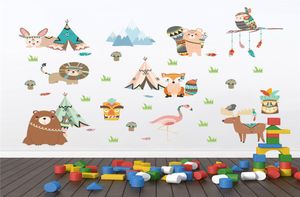 Grappige dieren Indian Tribe Wall Stickers For Kids Rooms Home Decor Cartoon Owl Lion Bear Fox Wall Decals PVC Mural Art3403727