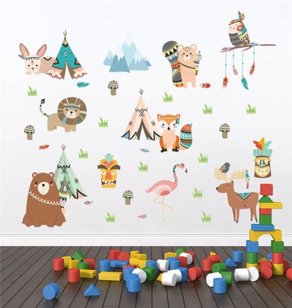 Animaux drôles Tribe indienne Autocollants muraux pour les enfants pour enfants décor de la maison Cartonnière Lion Lion Fox Decals muraux PVC Mural Art7928526