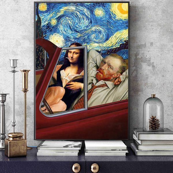 Drôle Art Van Gogh et Mona Lisa conduite toile affiches abstrait fumer peintures à l'huile sur toile mur photos maison mur décor