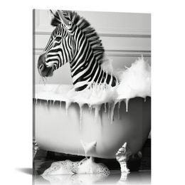 Art mural de décoration de salle de bain drôle - Zebra en baignoire Art en noir et blanc art mural animal poster Picture Imprimés de peinture murale 16x20inches