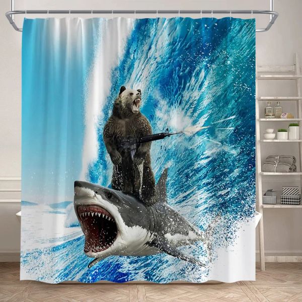 Rideaux de douche à ours drôles waves de mer Sharks océan animaux créatifs enfants rideaux de bain en polyester décor de salle de bain avec crochets