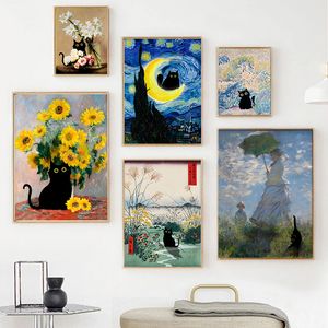 Grappige zwarte kat wereldberoemde schilder Monet Van Gogh Gustav Masterpiece Artwork Poster canvas schilderen Wall Art Home Room Decor
