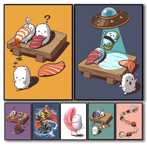 Carteles de sushi de dibujos animados divertidos Pintura de lienzo de sushi japonés Fotografías de arte de pared de cocina en el hogar Decoración de la cocina del restaurante del restaurante sin marco WO6