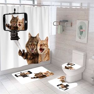 Ensemble de rideau de douche de ferme de chat drôle, avec tapis, doublure en tissu d'animaux sauvages, tapis de toilette en Polyester imperméable, 220429