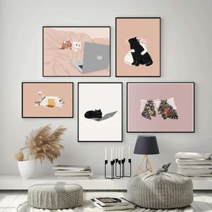 Póster de gato divertido, reloj de gato, pintura en lienzo de animales de dibujos animados por ordenador, arte de pared de pareja de gatos, cuadro impreso, decoración del hogar para sala de estar w06