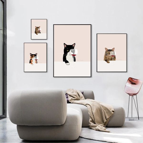 Cartel de gato divertido gatos blancos gusto lienzo de vino tinto de vino de gato regalos de arte de la cocina imágenes de arte de pared para sala de estar decoración del hogar