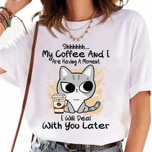 grappige kat Shhhhh... Mijn koffie en ik hebben een moment print T-shirts zomer tee shirts femme voor vrouwen kleding dames top tees p13U#