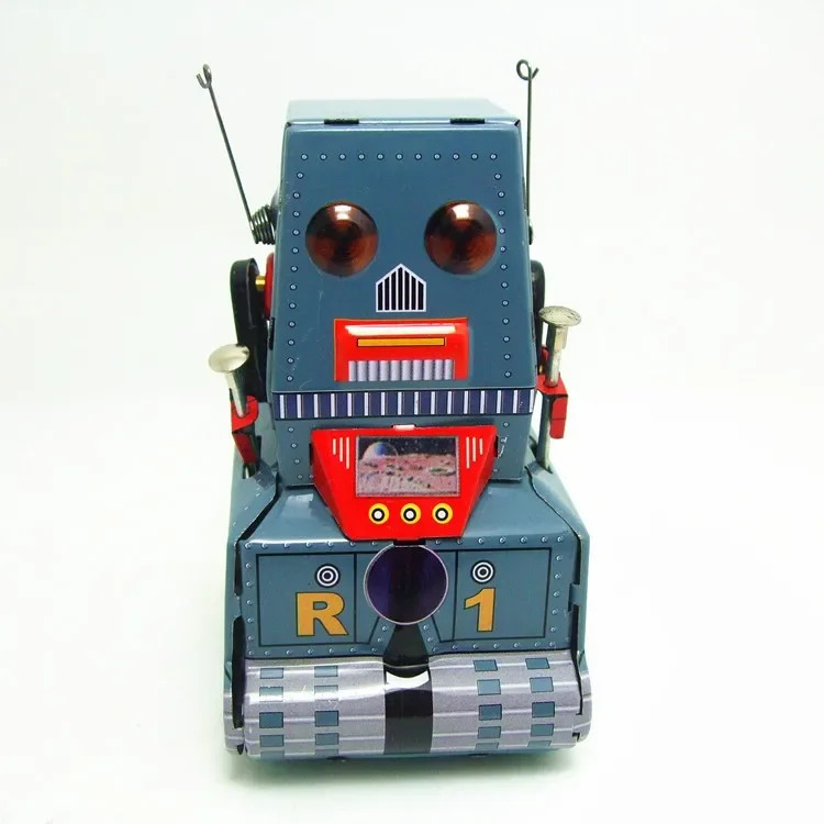 Rolig klassisk samling Retro Clockwork Wind Up Metal Walking Tin Tank Moon Probe Robot Recall Mechanical Toy Kids Gift 240307