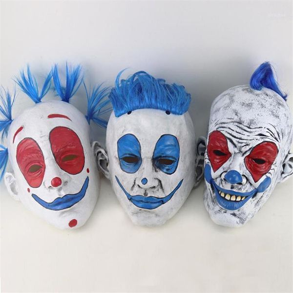 Masque d'Halloween de clown drôle Halloween Punk Clown yeux rouges masque en latex perruque bleue fête de danse de cirque maquillage fête cosplay accessoires 1218J