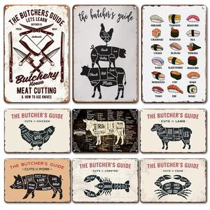 Funny Cut's Of Pork Duck Fish Cartel de chapa Vintage The Butcher's Guide Placa de metal Placas decorativas Retro Restaurante Cocina Carnicería Decoración Letreros 30X20CM w01