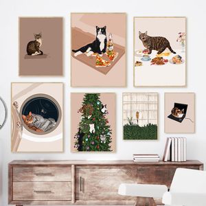 Grappige schattige katten eten pizza cake posters en print moderne kunst vintage canvas schilderen schilderen keuken café muurfoto's voor woningdecoratie