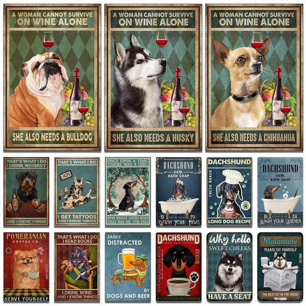 Funny Dogs Tin Signs Bulldog Husky Chihuahua Teckel Rétro Métal Affiches Maison Salle De Bains Club Animalerie Décoration Murale Chiot Bain Temps Vintage Fer Peintures 20x30cm Woo