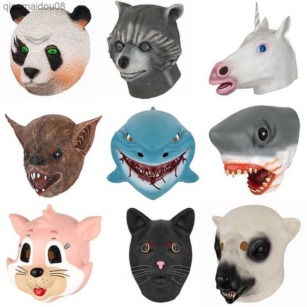 Drôle Âne Panda Requin Chat Rhinocéros Perroquet Animal Masque Halloween Mascarade Masque Latex Fête Panda Animal Masque Enfants Fête L230704