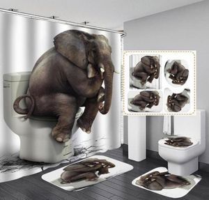 Rideau de douche étanche d'éléphant drôle 4 pièces couvercle de tapis couvercle de toilette de salle de bain pavé de bain de bain décor 5 pattren 3 size6237765