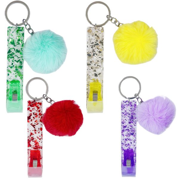 Extracteur de carte ATM porte-clés acrylique carte de crédit Grabber Party Favor avec porte-clés boule de fourrure de lapin