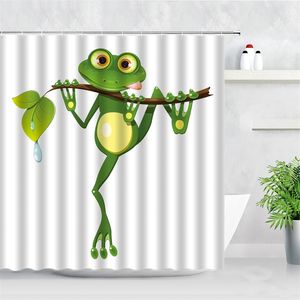 Grappige kikker cartoon douche gordijn sets blad dier creatieve kinderen badkamer decor waterdichte stof thuis haken badgordijnen 211116