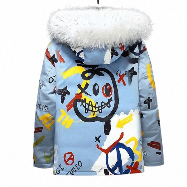 Divertido Graffiti Imprimir Invierno Abajo Chaqueta Hombres Pato Blanco Abajo Grueso Cálido Rompevientos Pareja Extraíble Cuello de piel Acolchado Parkas Nuevo n8sQ #