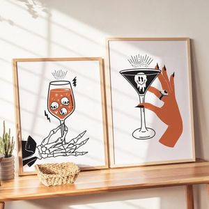 Grappig Halloween Schedel Canvas Schilderij Hand Cocktail Koffie Posters Espresso Wall Art Prints Foto's Vleermuis Ghost Keuken Cafe Home Decor Geen Frame Wo6