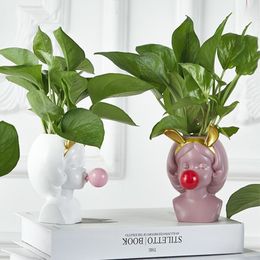 Statut de vase de tête drôle Planteuse Pot fille soufflant bulles pour visage de fleurs Vases résine Pot de fleur pour décoration de plantes succulentes