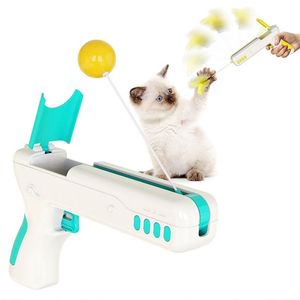 Grappige interactieve kat speelgoed met veer bal stick pistool voor kittens puppy's kleine honden huisdier producten afvuren 211122