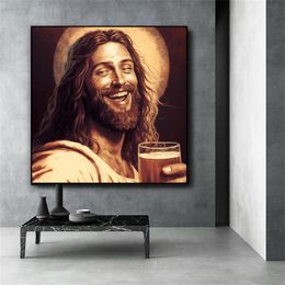 Grappige Jezus bierposter grappige bierkunst prints humoristische Jezus Christus drinkt bier vintage canvas schilderen keukendecoratie