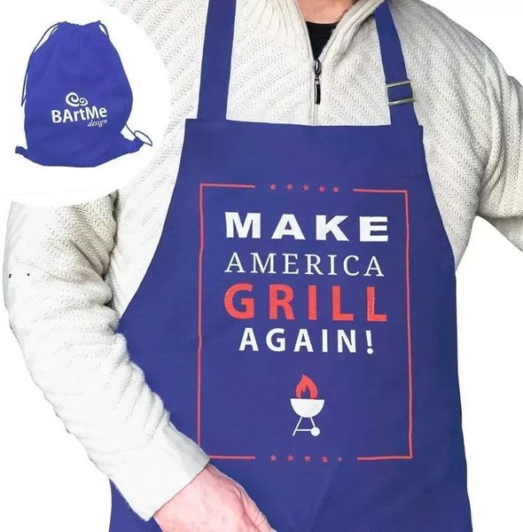 Tablier de cuisine drôle Grilling Chef Cooking BBQ Tabliers réglables à 2 poches Sac cadeau réutilisable enveloppé Trump Make America Grill Again BBB16375