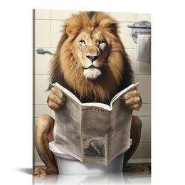 Lion de salle de bain drôle de salle de bain art mural mignon lion dans des affiches de toilette