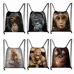 Grappige mkey Face Print Drawstring Bag Orangutan Thinking Women Backpack Shoes Holder Casual Storage Beach Tassen voor reisgeschenk R7S9#