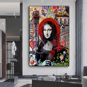 Pósteres e impresiones divertidos de Mona Lisa, arte moderno de Graffiti, pinturas en lienzo, Imágenes artísticas de pared para sala de estar, decoración del hogar, Cuadros No F229Z