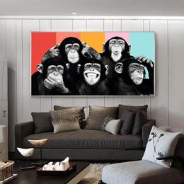 Pinturas en lienzo de Graffiti de monos divertidos en la pared, carteles e impresiones, arte de pared de animales modernos, imágenes en lienzo, decoración de habitación de niños 6527019