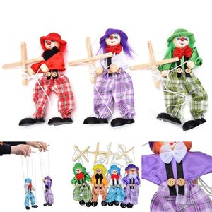 Fête drôle 25cm coloré en gros en gros vintage pull string marionnette clown en bois marionnette artisanat articulay activité poupée enfants enfants cadeaux 0304