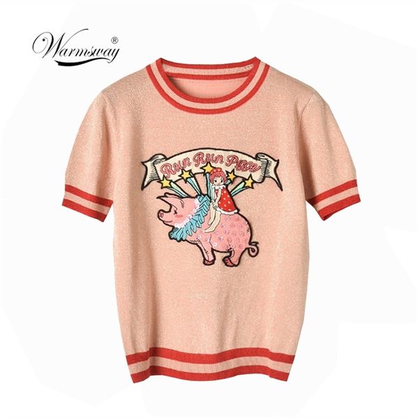 Divertido cerdo apliques viscosa camiseta tejida para camisetas femeninas verano estilo preppy o-cuello manga corta tops delgados B-111 210315